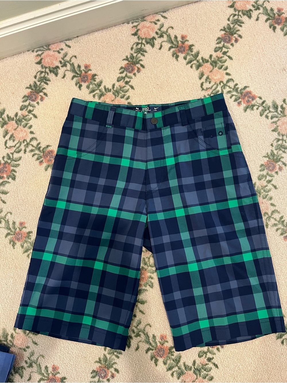 Nike Navy and Green Plaid Kids' Shorts